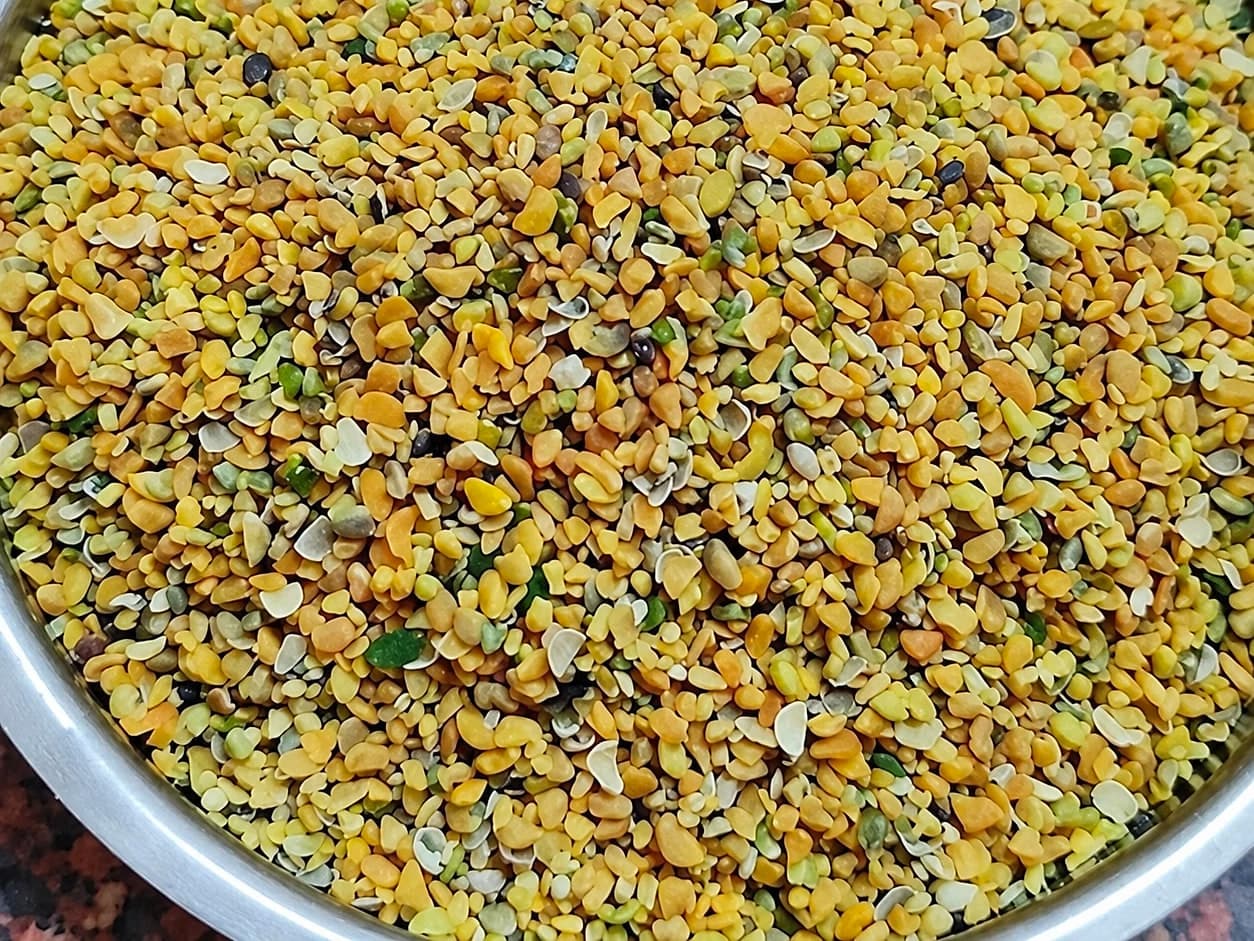 Guar meal korma in a steel bowl, showing its mixed coarse grain