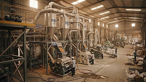 Cyclone separators and roller mills in a guar processing hall
