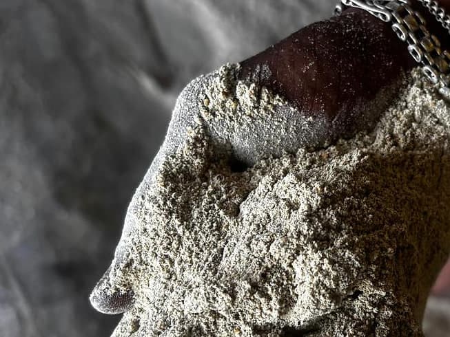 Guar meal churi held in a hand, showing its fine texture